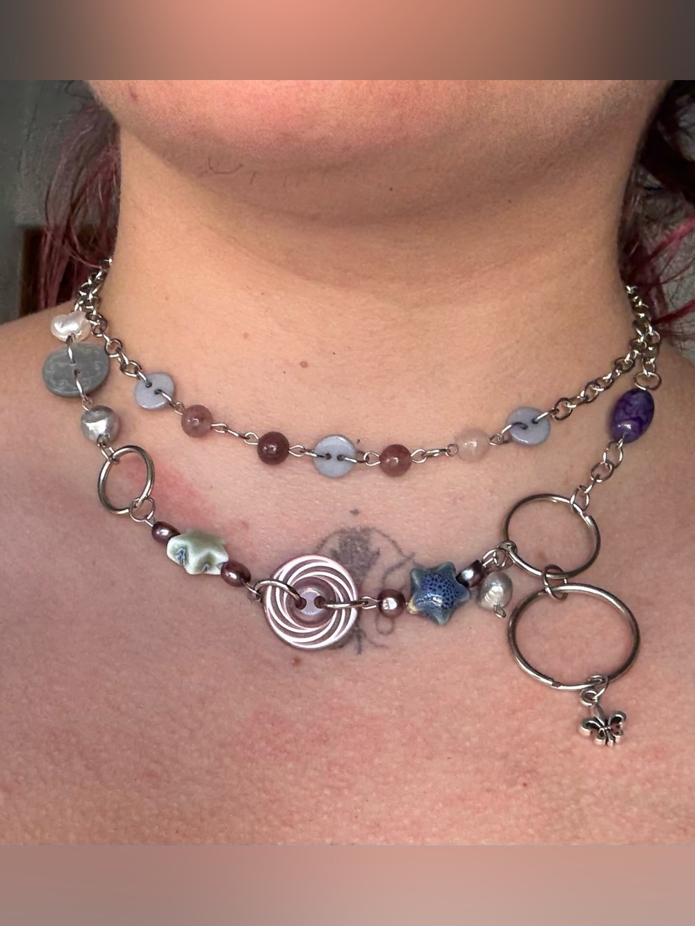 Asymmetrical Purple Bead & Charm Necklace with Ceramic Stars